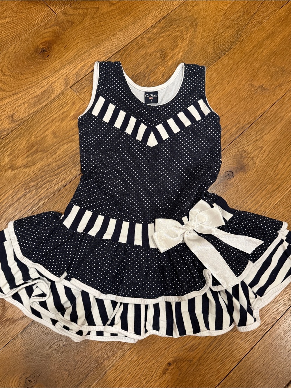 Girls Navy & White Polka Dot Striped Bow Dress